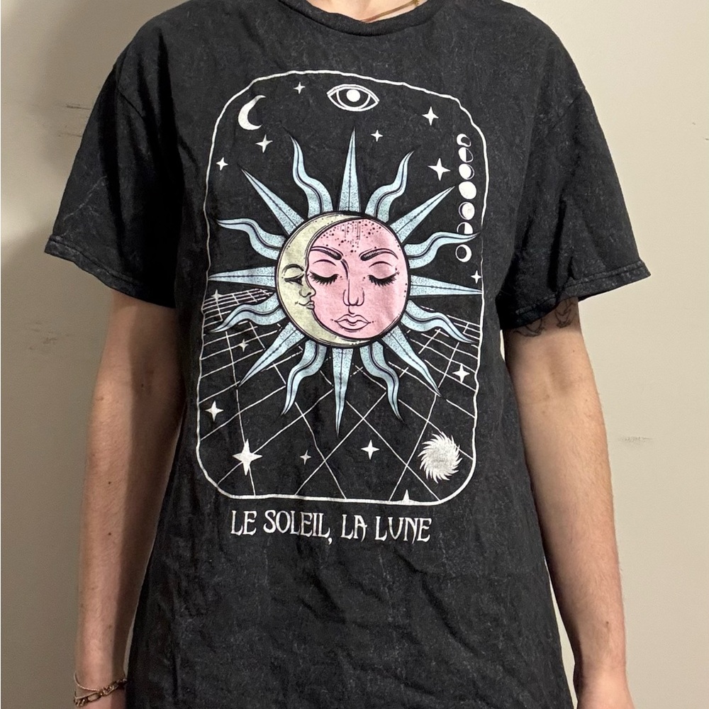 Black Graphic Tee with Sun and Moon Design